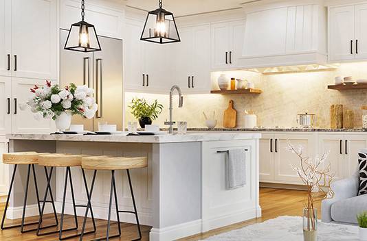 Luxurious interior design of white kitchen, dining room with win